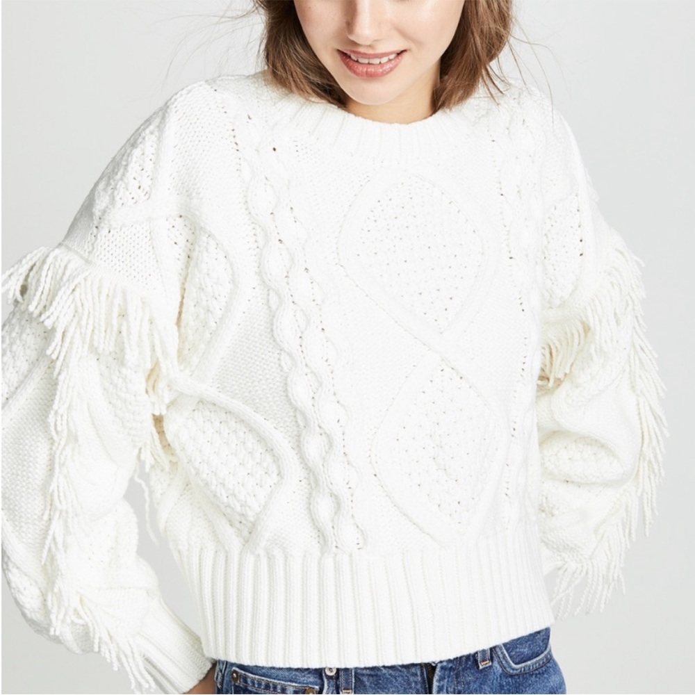 ANTHROPOLOGIE Line & Dot Ivory Cable Knit Fringe Sweater